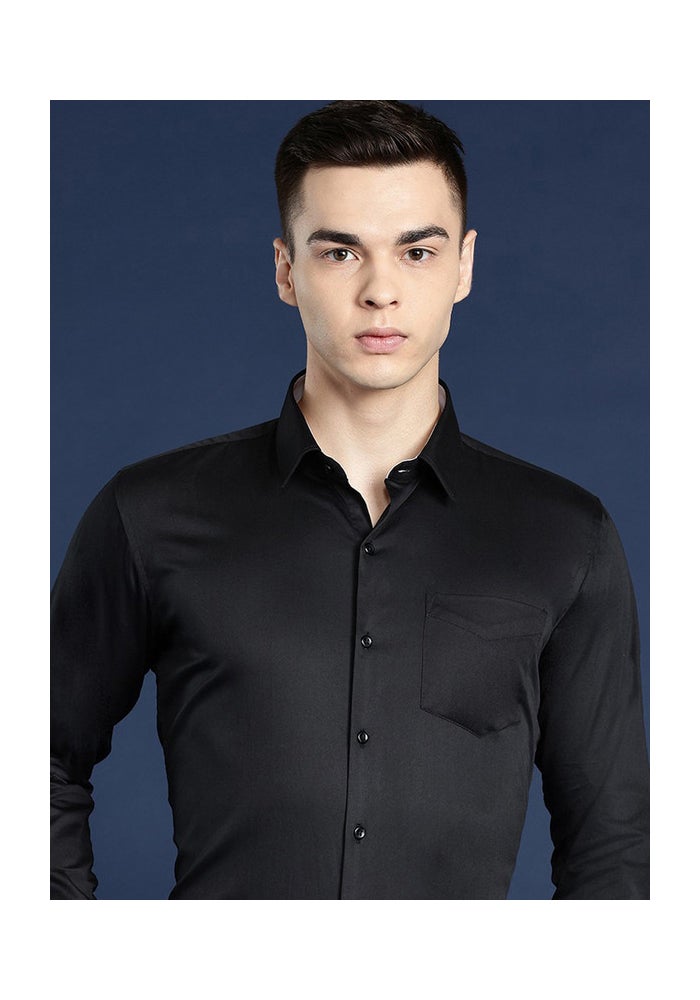 Hancock Black Pure Cotton Satin Slim Fit Shirt for Men
